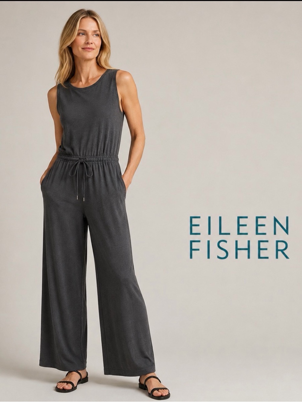 Eileen Fisher Jumpsuit Petite PM Gray Tencel Lyocell Wide Leg Sleeveless Stretc